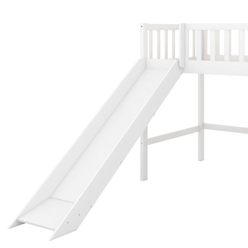 White Twin Wood Low Loft Bed with Slide