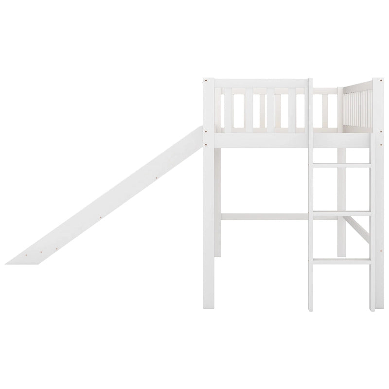 White Twin Wood Low Loft Bed with Slide