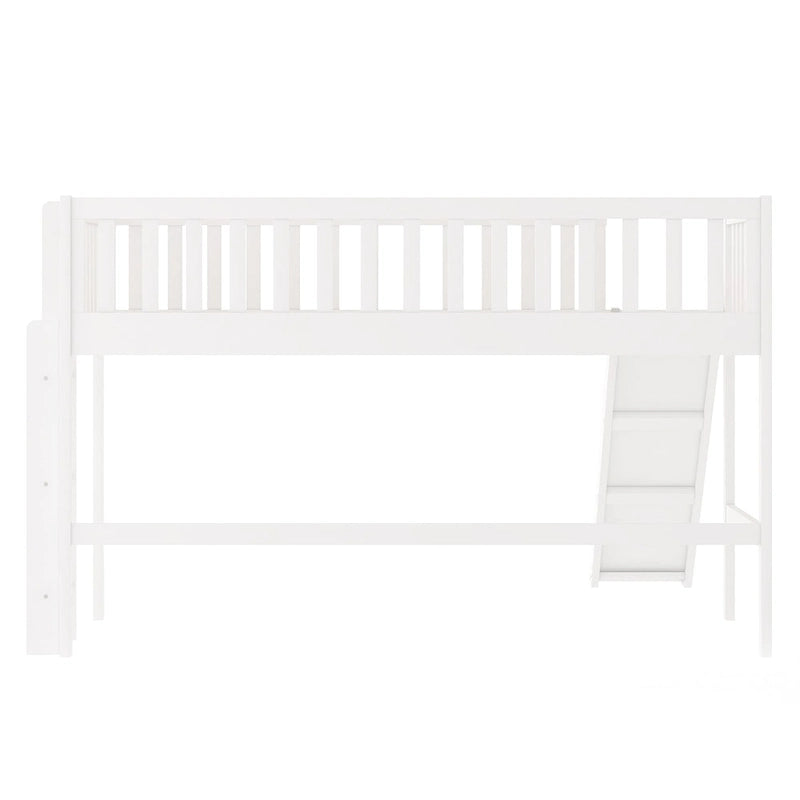 White Twin Wood Low Loft Bed with Slide