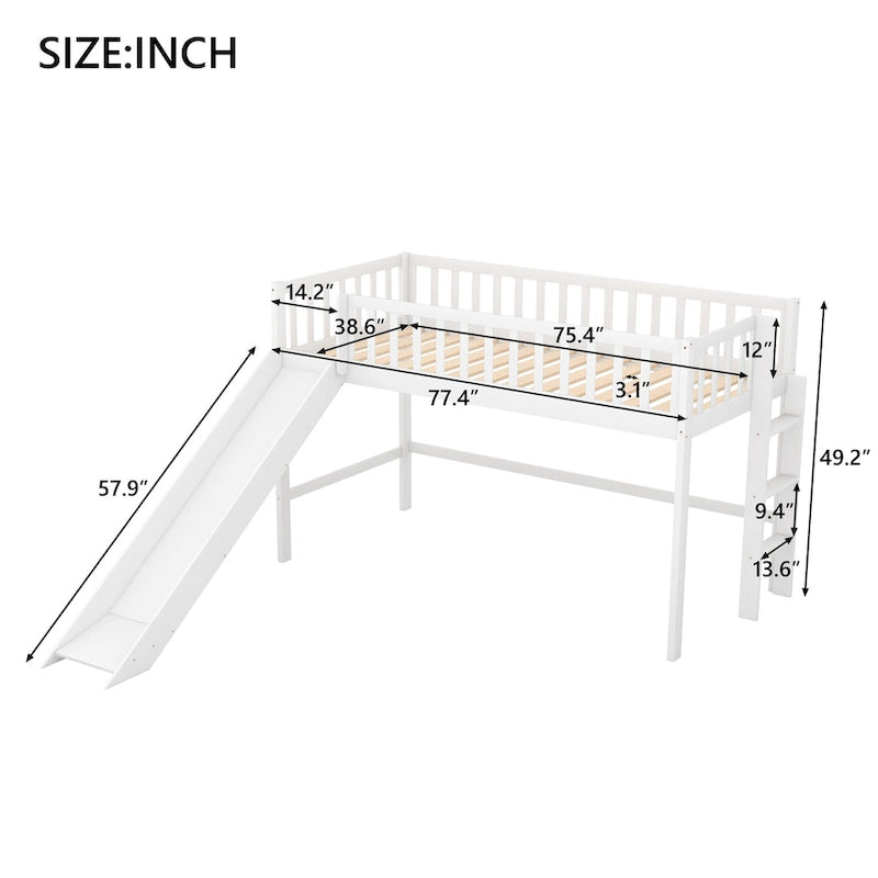 White Twin Wood Low Loft Bed with Slide
