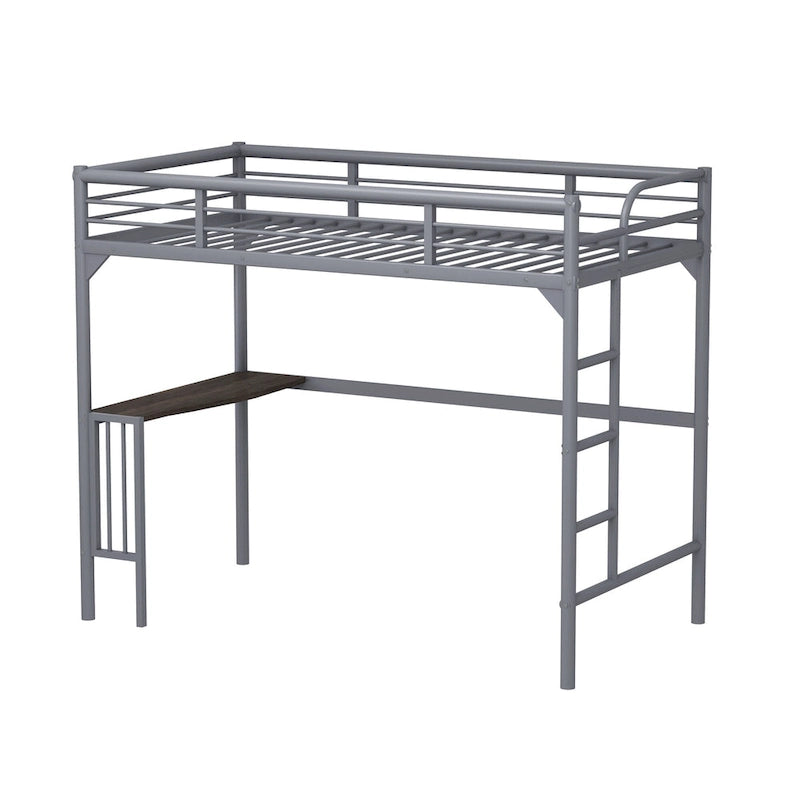 Silver Twin Size Metal Loft Bed with Desk, Ladder, and Guardrails
