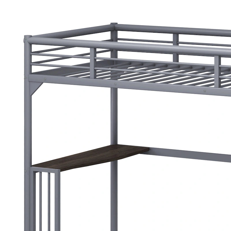 Silver Twin Metal Loft Bed with Desk, Ladder, and Guardrails