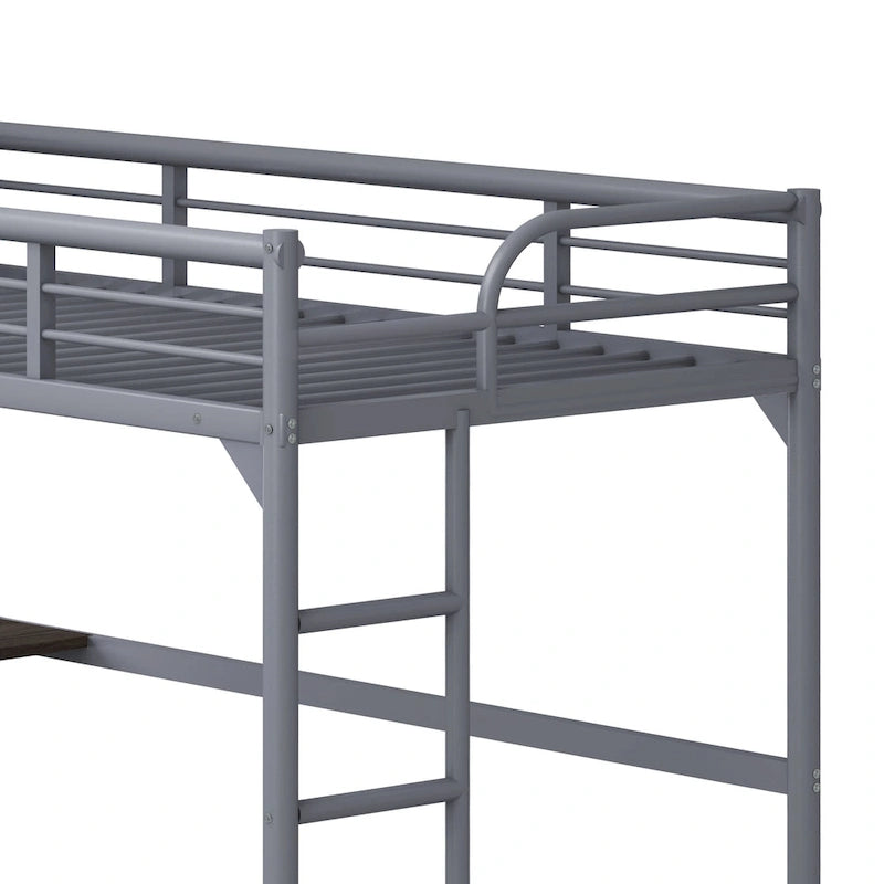Silver Twin Metal Loft Bed with Desk, Ladder, and Guardrails