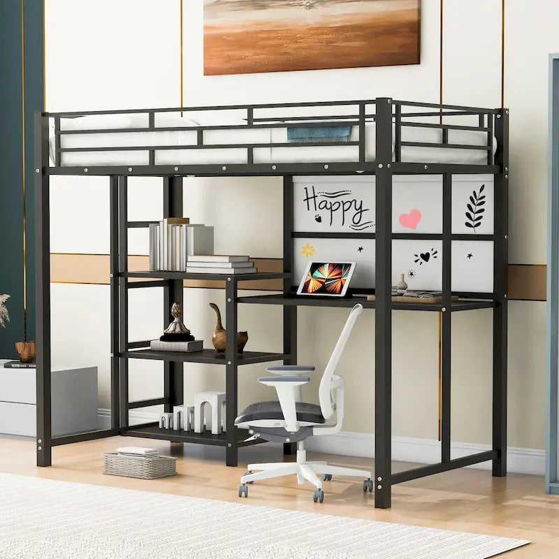 Black Twin Metal Loft Bed with Desk, Whiteboard, Shelves, and Ladder