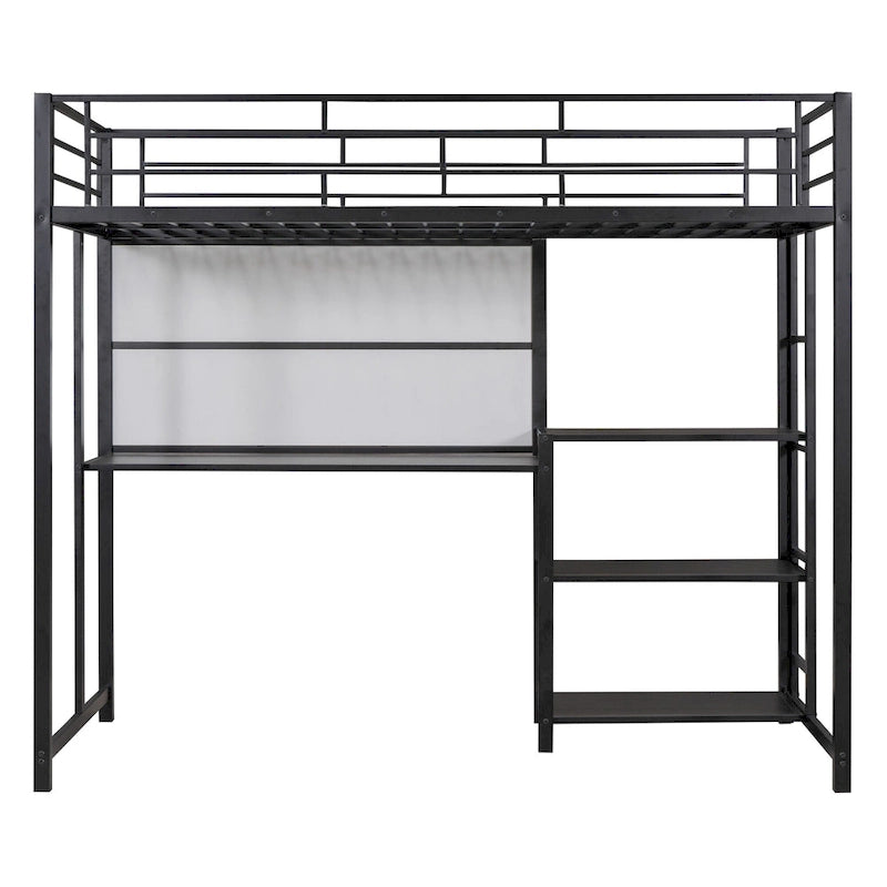 Black Twin Size Metal Loft Bed with Desk, Whiteboard, Shelves, and Ladder