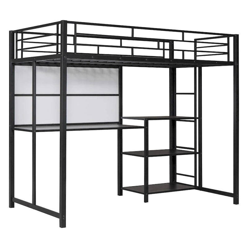 Black Twin Metal Loft Bed with Desk, Whiteboard, Shelves, and Ladder