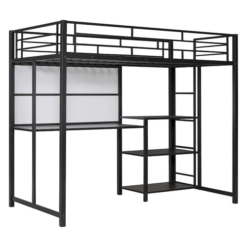Black Twin Metal Loft Bed with Desk, Whiteboard, Shelves, and Ladder
