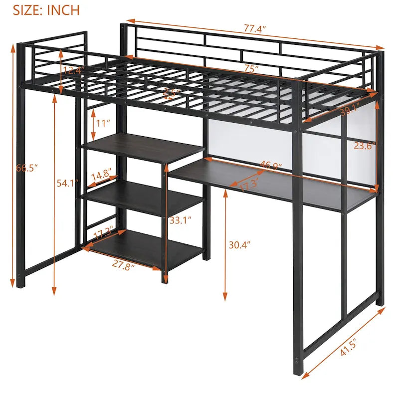 Black Twin Metal Loft Bed with Desk, Whiteboard, Shelves, and Ladder