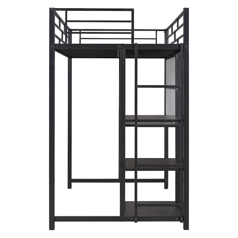 Black Twin Metal Loft Bed with Desk, Whiteboard, Shelves, and Ladder