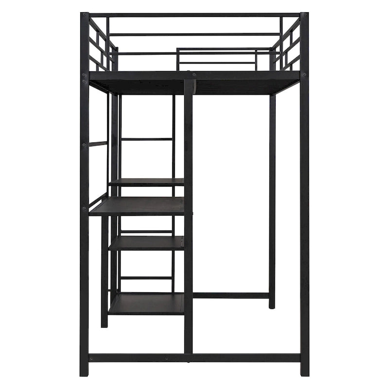 Black Twin Metal Loft Bed with Desk, Whiteboard, Shelves, and Ladder