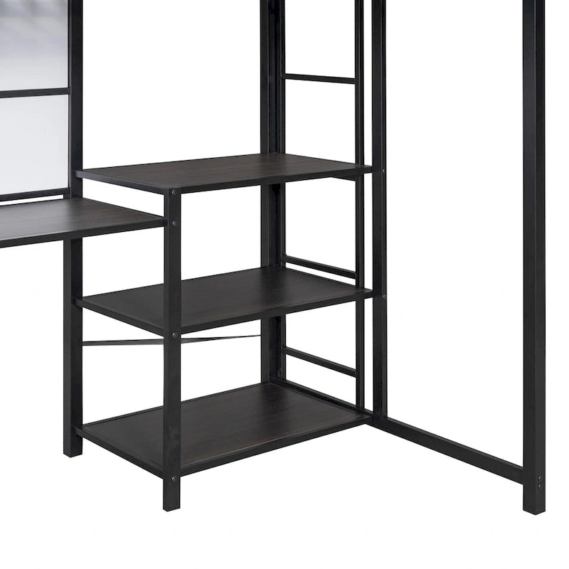 Black Twin Metal Loft Bed with Desk, Whiteboard, Shelves, and Ladder