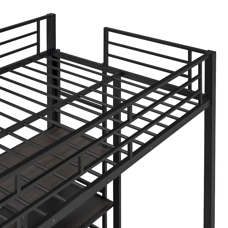 Black Twin Metal Loft Bed with Desk, Whiteboard, Shelves, and Ladder