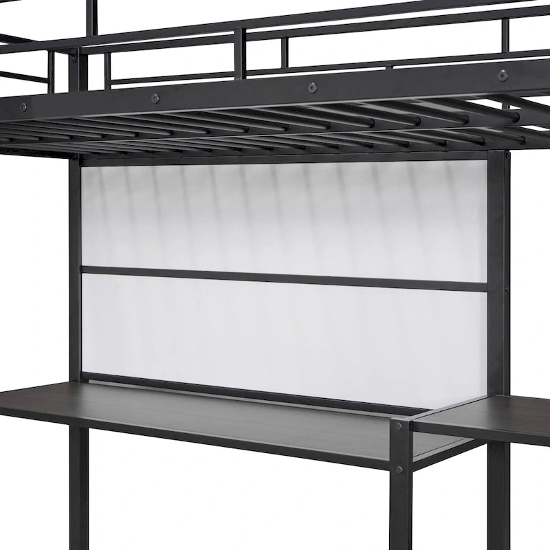 Black Twin Metal Loft Bed with Desk, Whiteboard, Shelves, and Ladder