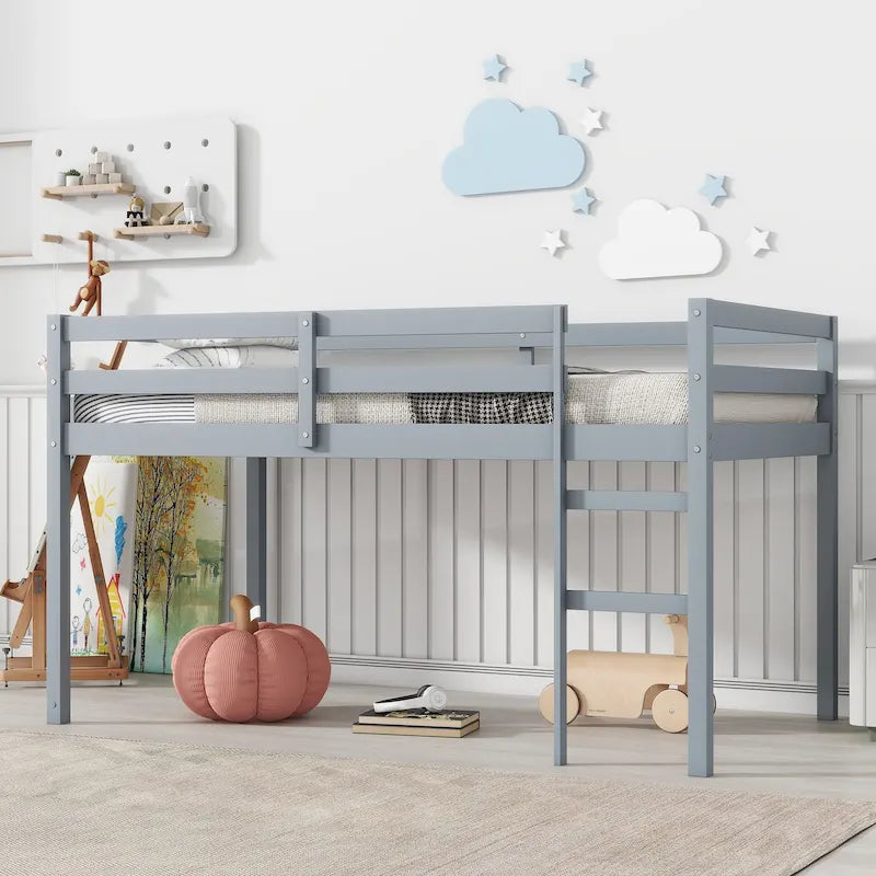 Twin Rubber Wood Loft Bed with Strengthened Slats