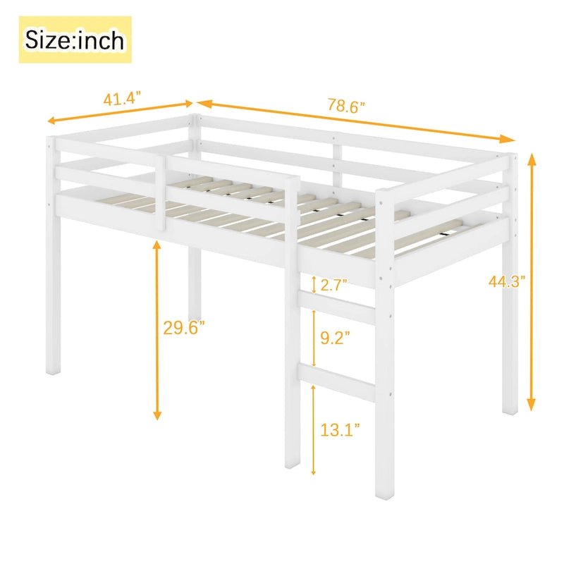 Twin Rubber Wood Loft Bed with Strengthened Slats