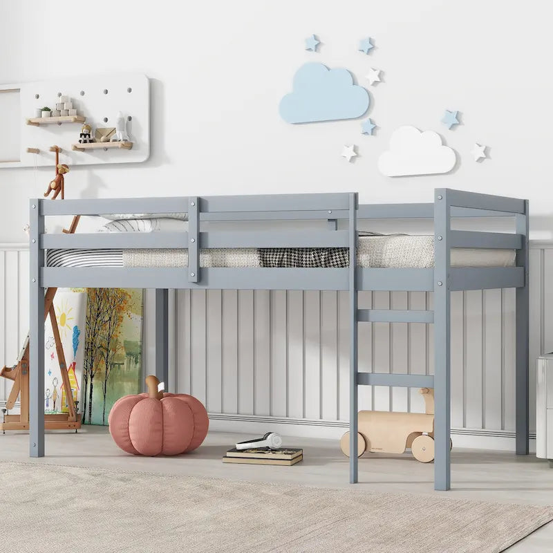Twin Rubber Wood Loft Bed with Strengthened Slats
