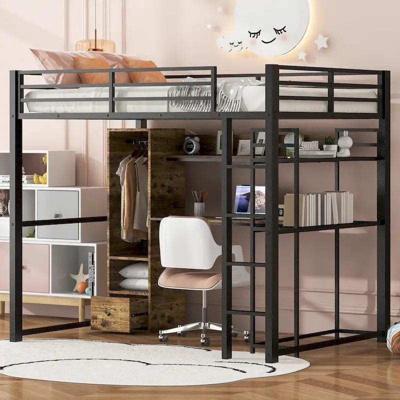 Full Metal Loft Bed with Built-in Wardrobe and Desk