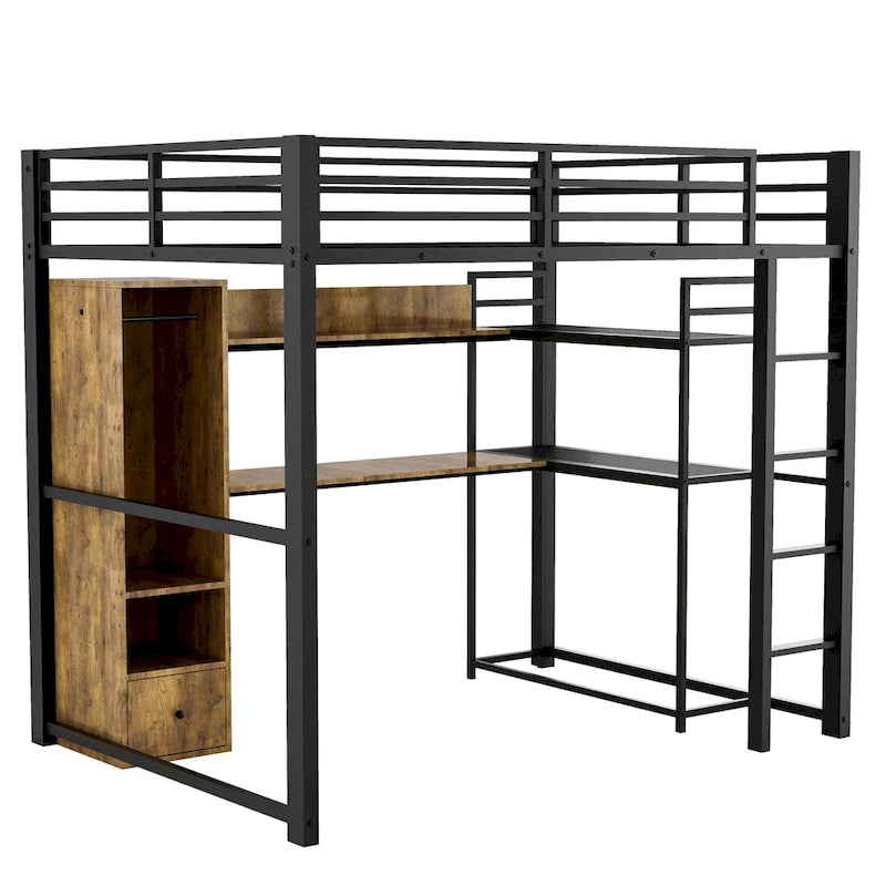 Full Size Metal Loft Bed with Built-in Wardrobe and Desk