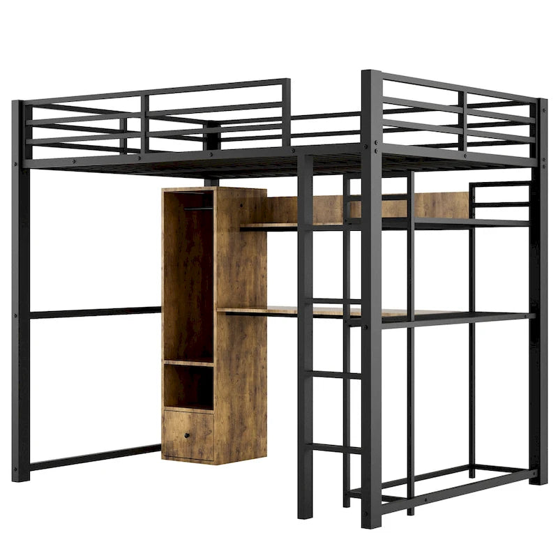 Full Metal Loft Bed with Built-in Wardrobe and Desk