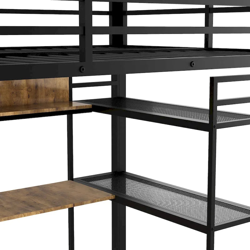Full Metal Loft Bed with Built-in Wardrobe and Desk