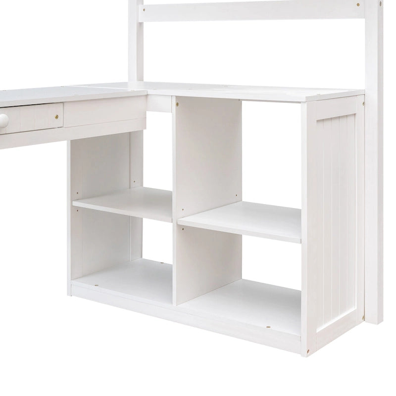 Multifunctional Twin Loft Bed with Storage Drawers, Bookshelves, Cabinet and Desk, Solid Wood Frame with Guardrails and Ladder
