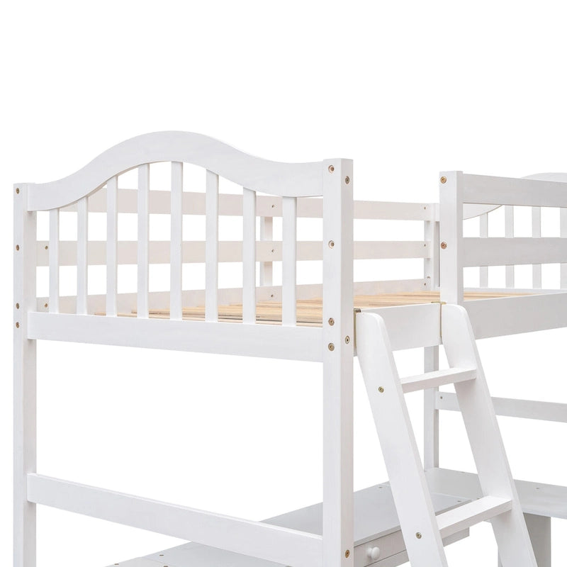 Twin Solid Wood Loft Bed with Desk, 2 Drawers, Cabinet, 4 Shelves