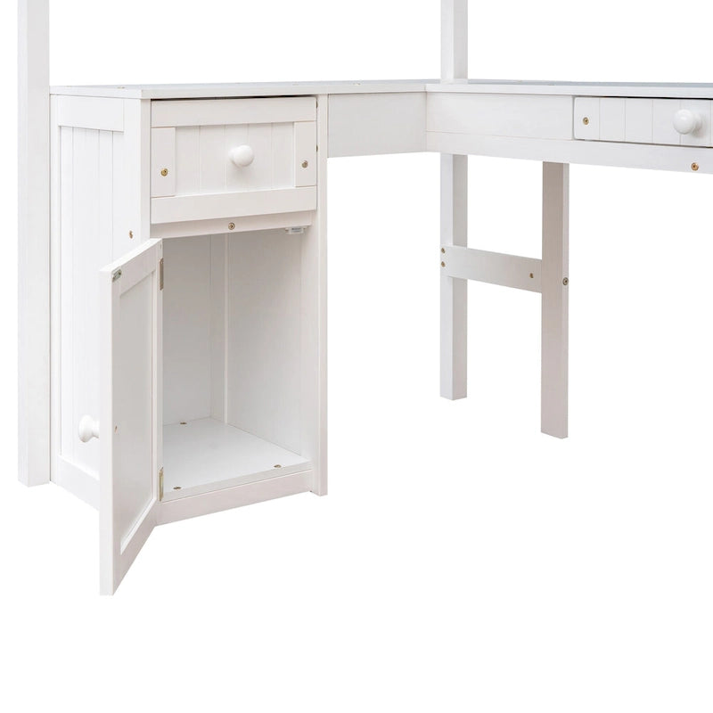 Twin Solid Wood Loft Bed with Desk, 2 Drawers, Cabinet, 4 Shelves