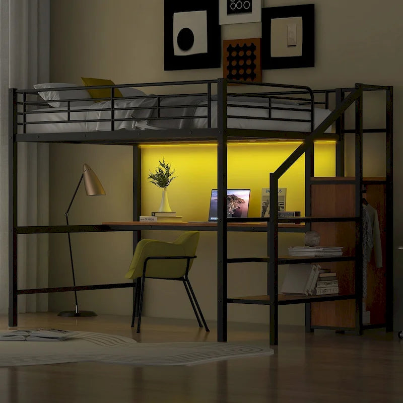 Metal Loft Bed with Storage Staircase, Wardrobe, and LED Light