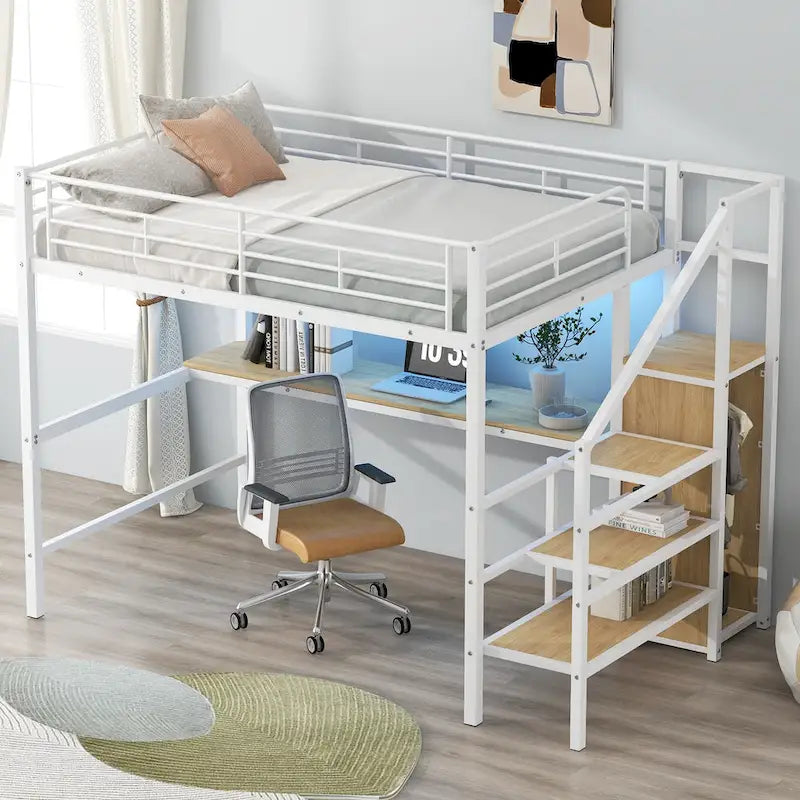 Space Saving Loft Bed with Storage Staircase and Wardrobe, Full Loft Bed Built-in Under-bed LED Light Metal Bed Frame for Kids