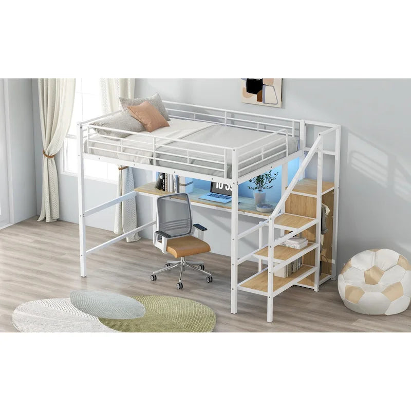 Metal Loft Bed with Storage Staircase, Wardrobe, and LED Light