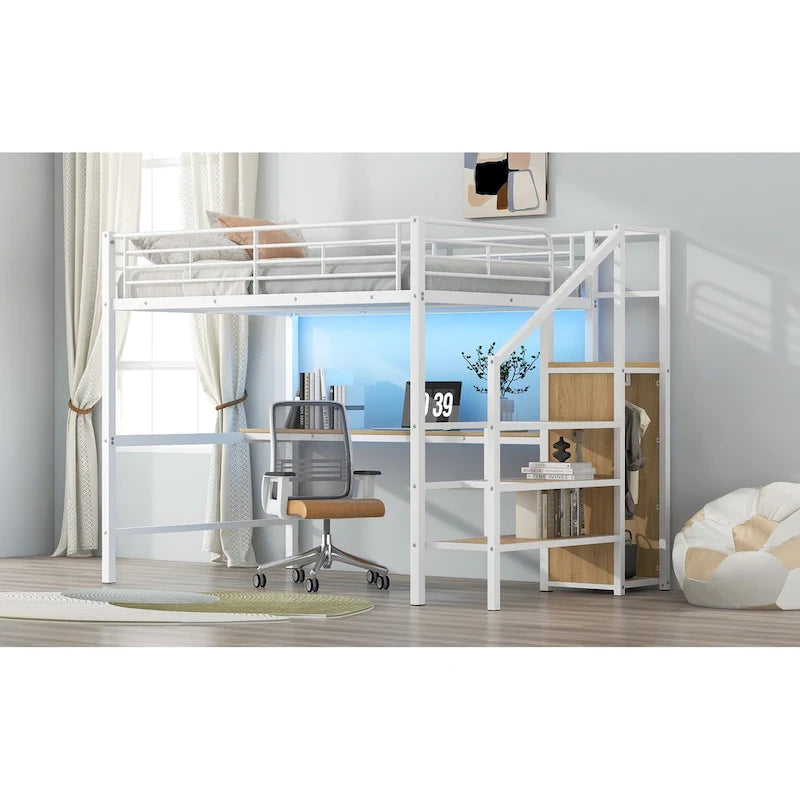 Metal Loft Bed with Storage Staircase, Wardrobe, and LED Light