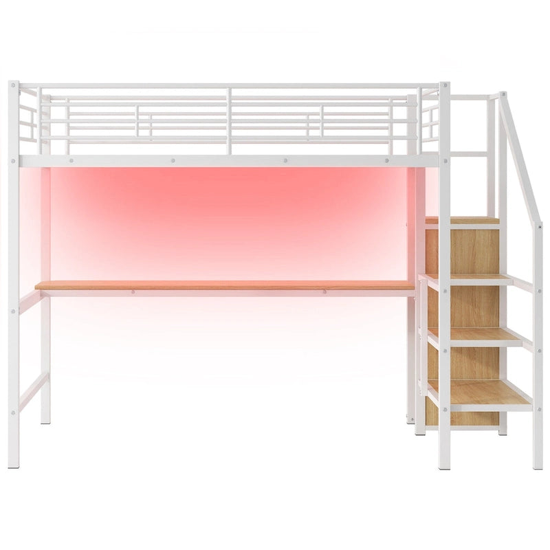 Metal Loft Bed with Storage Staircase, Wardrobe, and LED Light