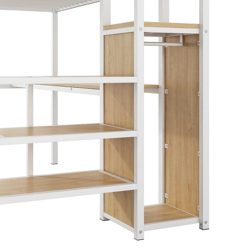 Metal Loft Bed with Storage Staircase, Wardrobe, and LED Light