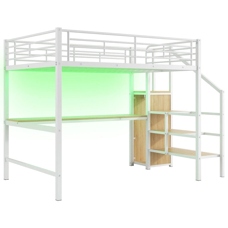 Metal Loft Bed with Storage Staircase, Wardrobe, and LED Light