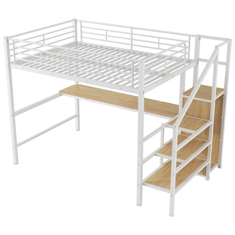Metal Loft Bed with Storage Staircase, Wardrobe, and LED Light