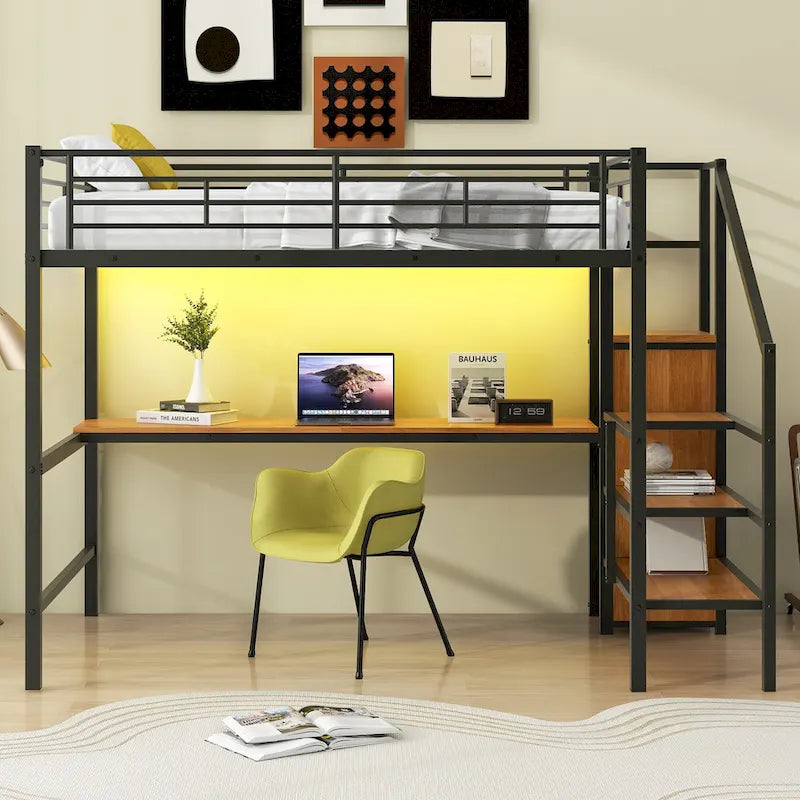 Metal Loft Bed with Storage Staircase, Wardrobe, and LED Light