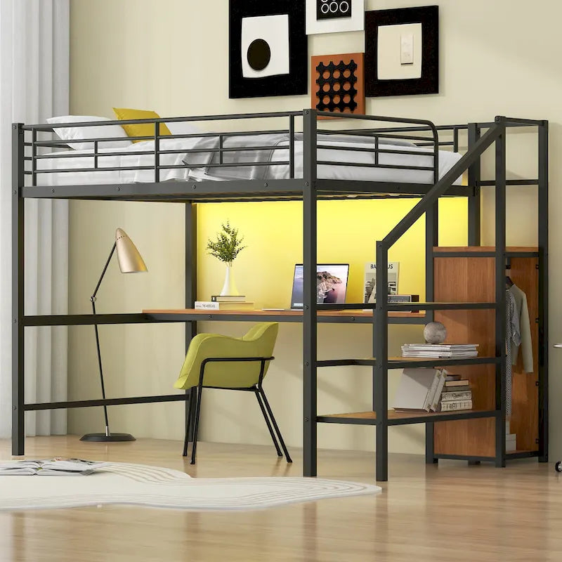 Metal Loft Bed with Storage Staircase, Wardrobe, and LED Light