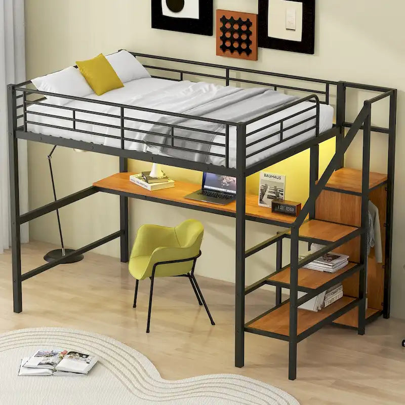 Metal Loft Bed with Storage Staircase, Wardrobe, and LED Light