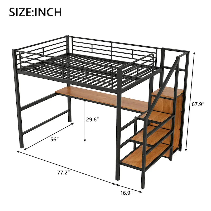 Metal Loft Bed with Storage Staircase, Wardrobe, and LED Light