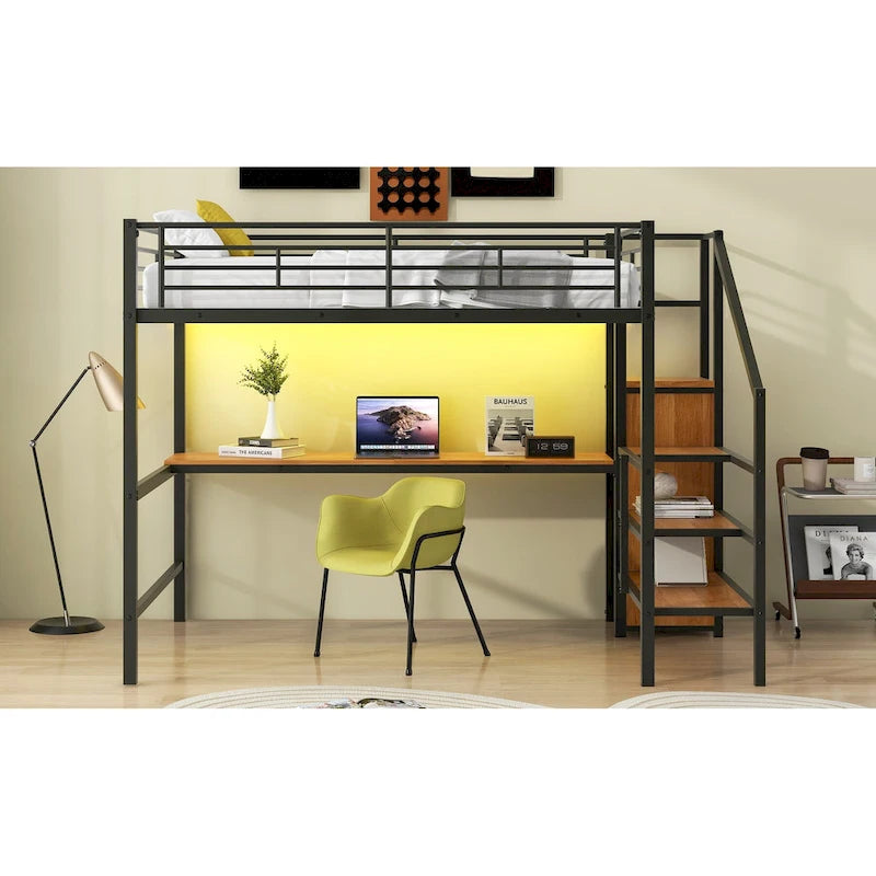 Metal Loft Bed with Storage Staircase, Wardrobe, and LED Light