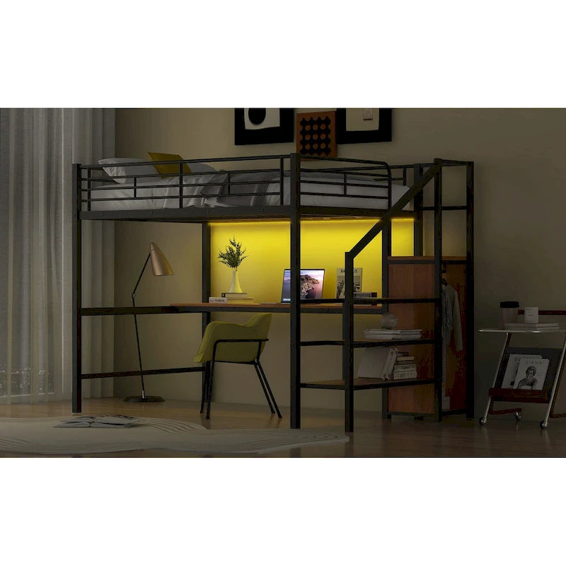 Metal Loft Bed with Storage Staircase, Wardrobe, and LED Light