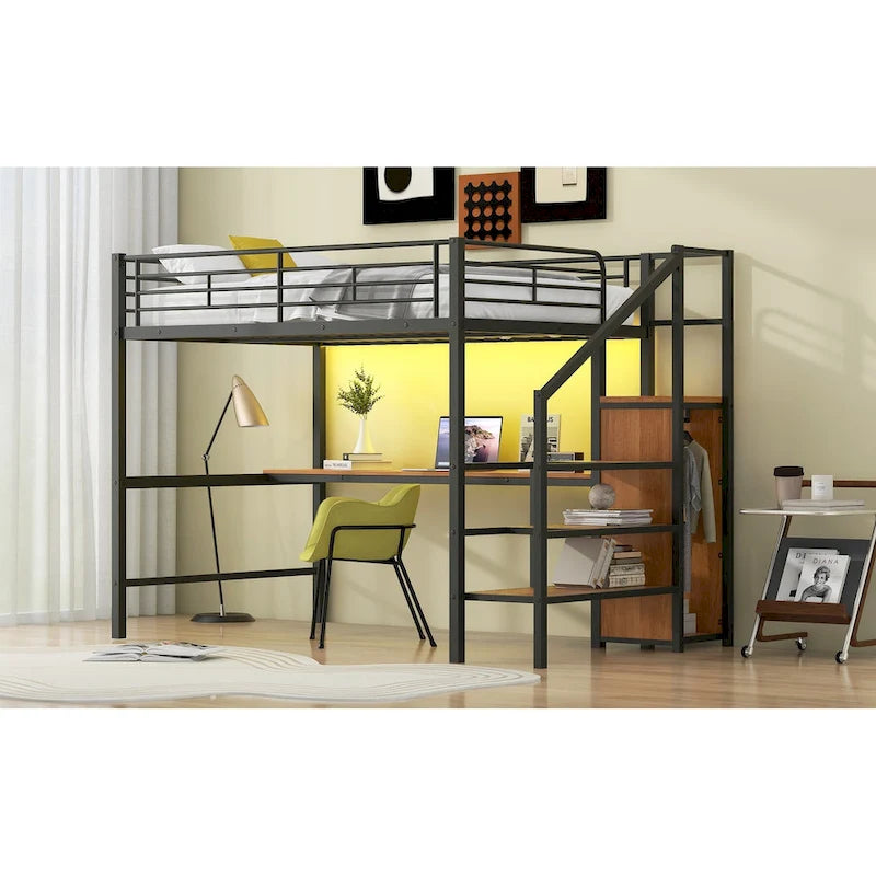Metal Loft Bed with Storage Staircase, Wardrobe, and LED Light