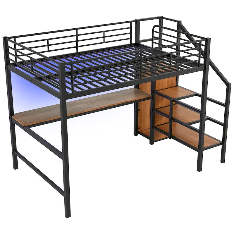 Metal Loft Bed with Storage Staircase, Wardrobe, and LED Light