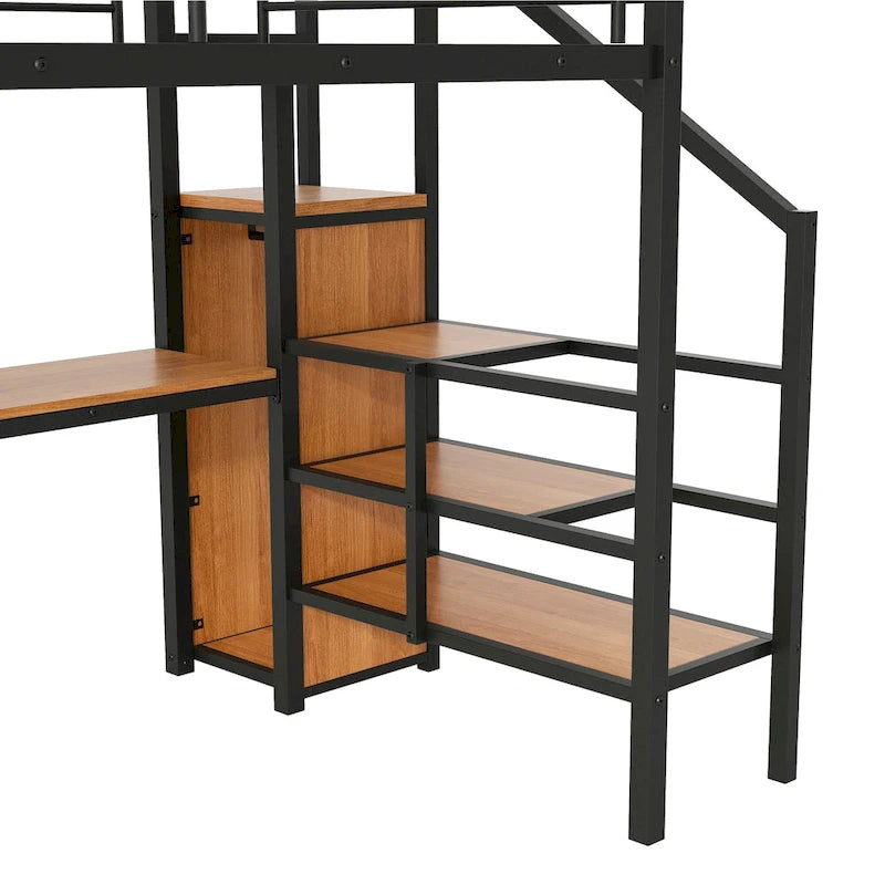 Metal Loft Bed with Storage Staircase, Wardrobe, and LED Light