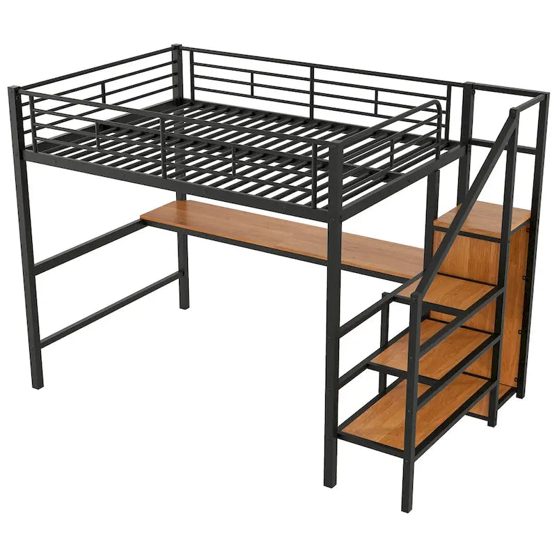 Metal Loft Bed with Storage Staircase, Wardrobe, and LED Light