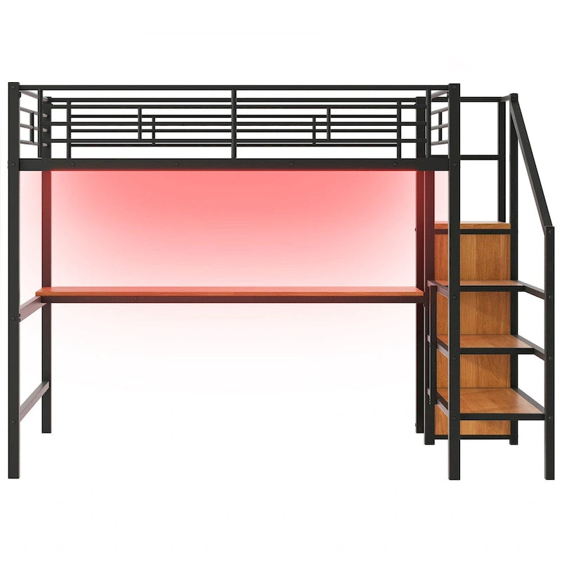 Metal Loft Bed with Storage Staircase, Wardrobe, and LED Light