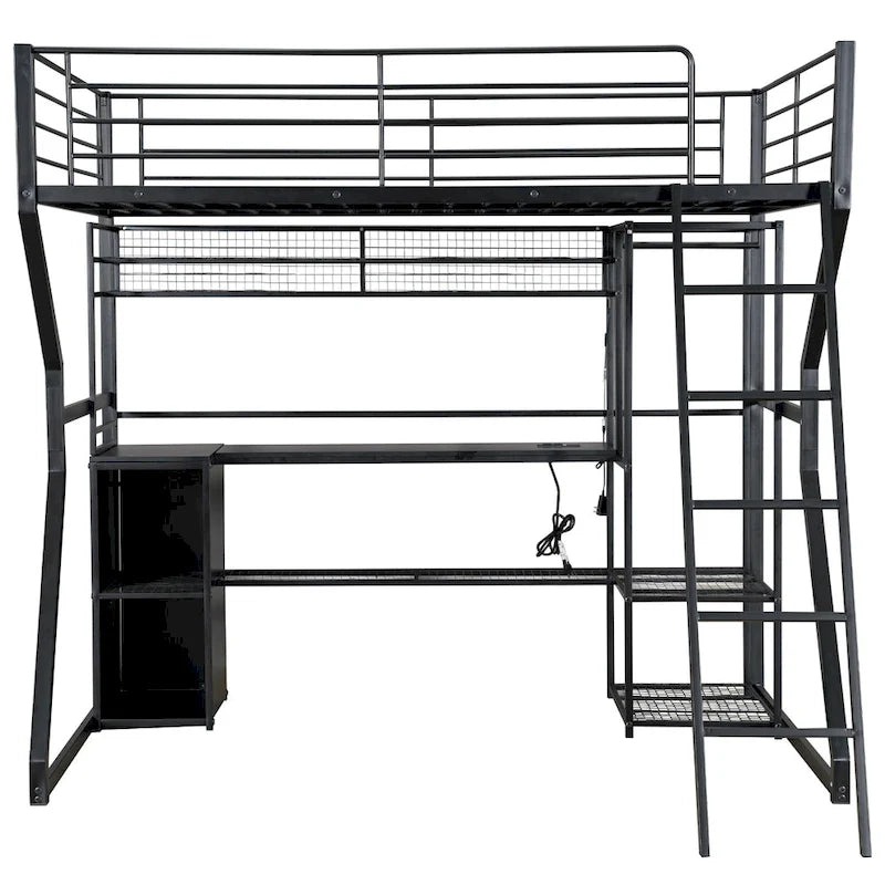 Heavy Duty Metal Bed Frame with Stairs Full Gaming Loft Bed Built-in Work Station, Open Wardrobe, LED Lighted and Storage Shelf