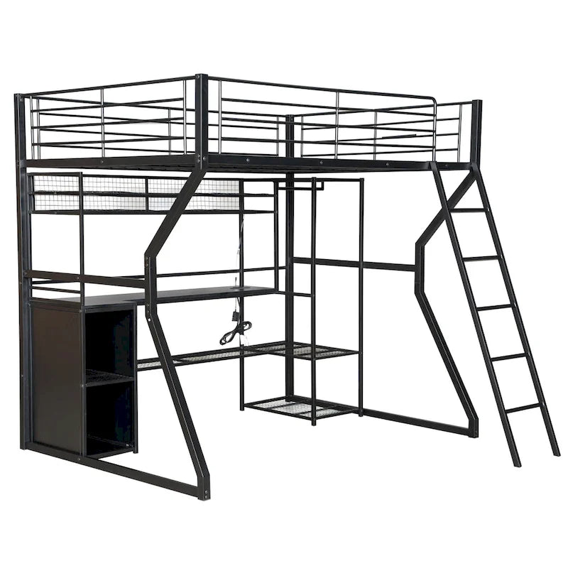 Full Metal Loft Bed with Desk, Wardrobe, LED Light, Storage Shelf