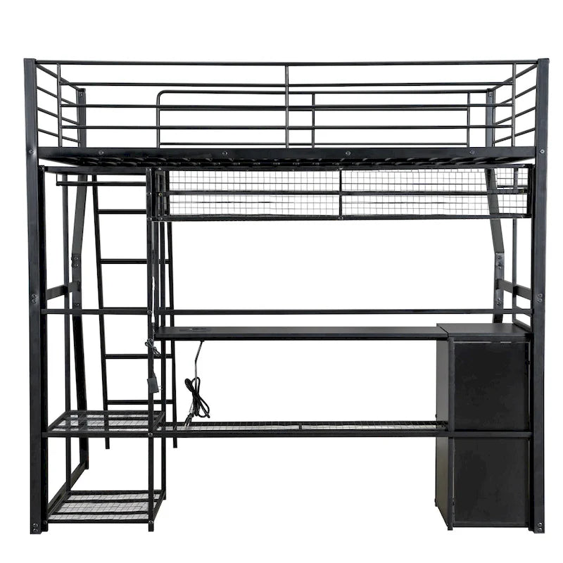 Full Metal Loft Bed with Desk, Wardrobe, LED Light, Storage Shelf