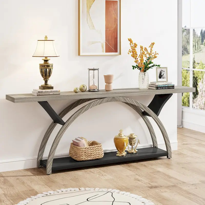 2-Tier Narrow Console Table with Semi-Circular Frame, Gray